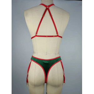 Body cu tematica spiridusa sexy din catifea, cu decupaje si snururi decorative, verde/ rosu#BB4348 - Img 9