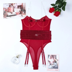Body sexy cu bretele transparente si accesoriu talie cu prindere portjartier, visiniu, 3 piese #BB4561 - Img 6