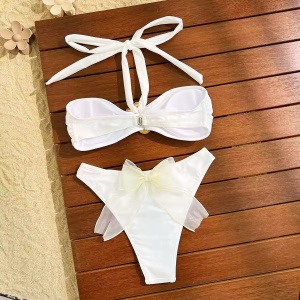 Costum de baie 2 piese cu cataramă metalică și funda decorativă la slip , alb #BB2187 - Img 7