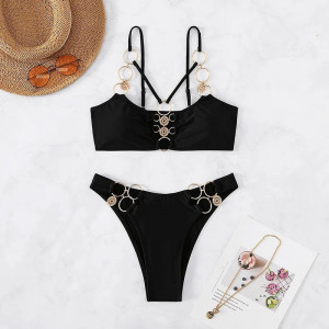 Costum de baie 2 piese cu cercuri metalice decorative la slip si sutien, negru #BB2175 - Img 9
