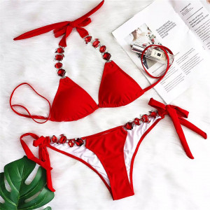Costum de baie 2 piese cu cristale aplicate la slip si sutien, rosu #BB2171 - Img 8