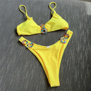 Costum de baie 2 piese cu cristale decorative multicolore la slip si sutien, galben #BB2506 - Img 8