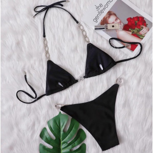 Costum de baie 2 piese cu cristale si aceesorii metalice decorative, negru #BB2067 - Img 6