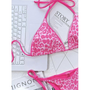 Costum de baie 2 piese cu imprimeu leopard si slip reglabil, roz/ roz neon #BB2558 - Img 5