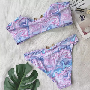 Costum de baie 2 piese cu talie inalta si catarame metalice aurii la slip si sutien, lila #BB2547 - Img 9