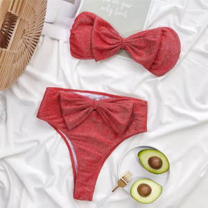 Costum de baie 2 piese cu talie inalta, sutien fara bretele, funde mari si sclipici, rosu #BB2084 - Img 2