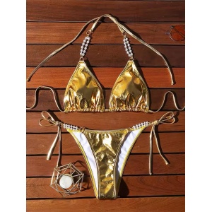 Costum de baie 2 piese metalizat cu perle decorative la slip di sutien, auriu #BB2347 - Img 7