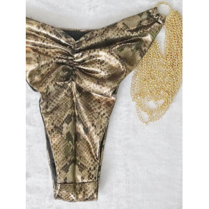 Costum de baie 2 piese metalizat, imprimeu sarpe si lanturi decorative aurii, maro/ auriu #BB2360 - Img 12