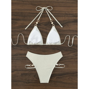 Costum de baie 2 piese sidefat cu elemente metalice si perle decorative, auriu/ nude #BB2549 - Img 8
