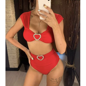Costum de baie 2 piese, slip cu talie inalta, bretele groase si inimioare decorative, rosu #BB2061 - Img 2