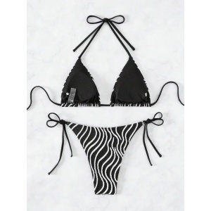 Costum de baie 2 piese texturat cu dungi albe decorative si slip reglabil, negru #BB2193 - Img 5
