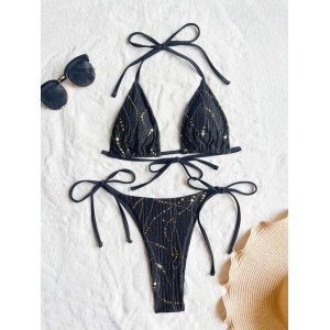 Costum de baie 2 piese texturat cu insertii aurii si slip reglabil, negru #BB2063 - Img 3