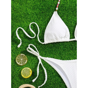 Costum de baie 2 piese texturat, cu slip reglabil si perle decorative, alb #BB2070 - Img 5