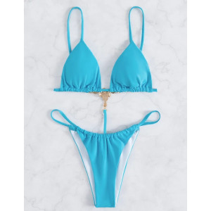 Costum de baie 2 piese unite la spate, cristale decorative si slip brazilian, albastru #BB2459 - Img 3