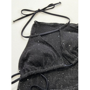 Costum de baie 3 piese cu esarfa, din material texturat cu sclipici, negru #BB2311 - Img 5