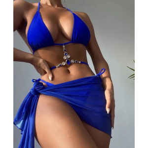 Costum de baie 3 piese cu esarfa si cristale decorative la sutien, albastru #BB2041 - Img 1