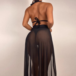 Costum de baie 3 piese cu fusta lunga din voal, elemente metalice decorative, negru #BB2185 - Img 2