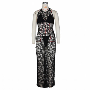 Costum de baie 3 piese cu rochie lunga crosetata, cu spatele gol, slip tanga, negru #BB2013 - Img 6