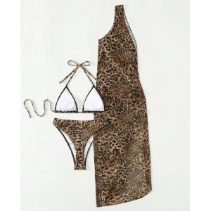Costum de baie 3 piese cu rochie pe un umar, slip tanga, imprimeu leopard, negru/ maro #BB2300 - Img 5
