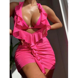 Costum de baie 3 piese cu rochita scurta decoltata si volane, roz fucsia #BB2163 - Img 3