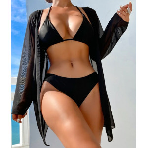 Costum de baie 3 piese, halat din voal cu decupaj la spate si fluture brodat decorativ, negru #BB2350 - Img 2