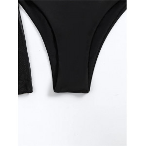Costum de baie 3 piese, halat din voal cu decupaj la spate si fluture brodat decorativ, negru #BB2350 - Img 12