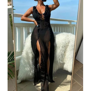Costum de baie 3 piese, rochie lunga din voal cu crapaturi pe picioare, negru #BB2408 - Img 1