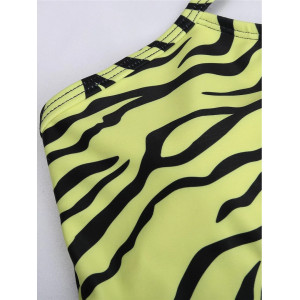 Costum de baie intreg cu decupaj, curea decorativa, imprimeu zebra, albastru/ verde neon #BB1170 - Img 10