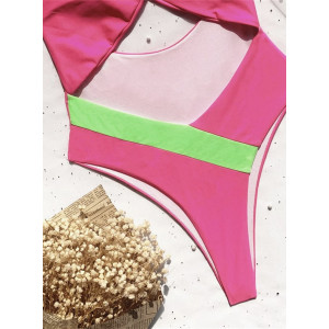 Costum de baie intreg cu spatele gol si decupaj in zona andomenului, roz neon #BB1013 - Img 9