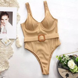 Costum de baie intreg din material reiat, curea elastica detasabila in talie, bej/ nude #BB1034 - Img 5