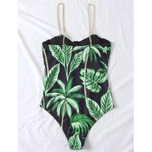 Costum de baie intreg sexy cu imprimeu, bretele din lant auriu, verde/ negru #BB1086 - Img 10