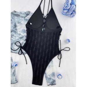 Costum de baie intreg texturat cu decolteu adanc si snururi reglabile, negru #BB1134 - Img 8