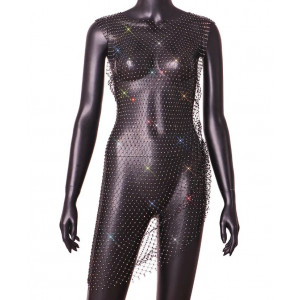 Rochie de paja scurta din plasa cu cristale decorative, negru #BB1080 - Img 3
