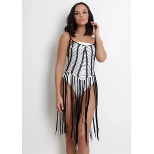 Rochie de plaja midi crosetata fin cu franjuri lungi si strasuri argintii, negru #BB1104 - Img 7