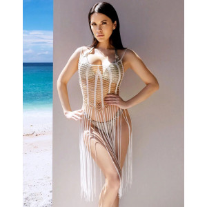 Rochie de plaja sexy, crosetata, cu franjuri si insertii argintii, alb #BB1188 - Img 4