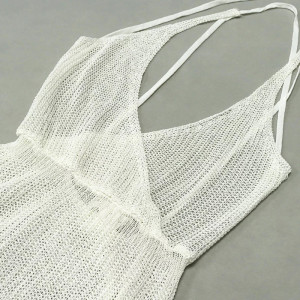 Rochie lunga de plaja, tricotata, cu decolteu, crapatura pe picior si spatele gol, alb #BB1147 - Img 12