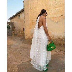 Rochie lunga de plaja vaporoasa, oversize, cu spatele gol si broderie in relief, alb #BB1022 - Img 2