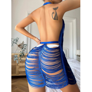 Rochie sexy scurta de plaja din franjuri cu decolteu adanc si spatele gol, albastru #BB1149 - Img 2