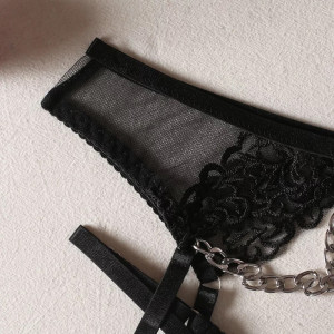 Set lenjerie intima se y din dantela brodata si lanturi decorative, negru, 4 piese #BB4003 - Img 10