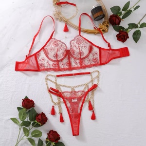 Set lenjerie intima sexy brodata, cu insertii de tul si lanturi decorative, rosu/ nude, 4 piese #BB4119 - Img 10