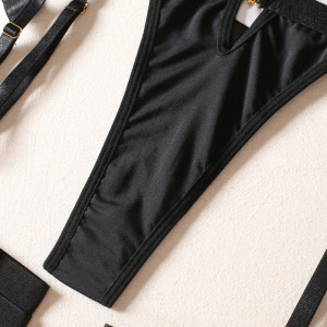Set lenjerie intima sexy cu accesorii metalice, sutien cu burete, negru, 4 piese #BB4549 - Img 11