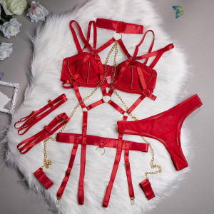 Set lenjerie intima sexy cu benzi elastice, lant decorativ si catuse, rosu, 4 piese #BB4400 - Img 11