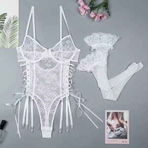 Set lenjerie intima sexy din dantela, body cu snururi laterale si ciorapi plasa inalti, alb, 2 piese #BB4300 - Img 8