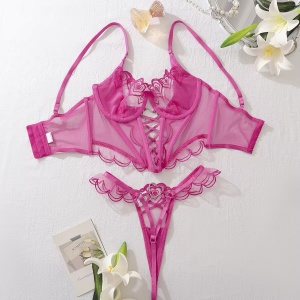 Set lenjerie intima sexy din dantela brodata cu corset si inimioare decorative, roz fucsia, 2 piese #BB4384 - Img 10