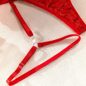 Set lenjerie intima sexy din dantela brodata cu insertii subtile aurii, rosu, 4 piese #BB4153 - Img 15