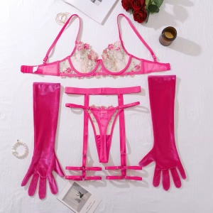 Set lenjerie intima sexy din dantela brodata cu manusi, roz neon, 4 piese #BB4761 - Img 11