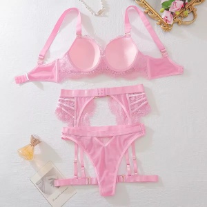 Set lenjerie intima sexy din dantela brodata, roz, 4 piese #BB4763 - Img 4