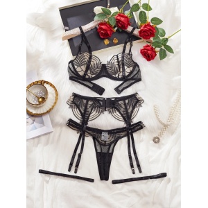 Set lenjerie intima sexy din dantela brodata si insertii de tul, negru, 4 piese #BB4621 - Img 13