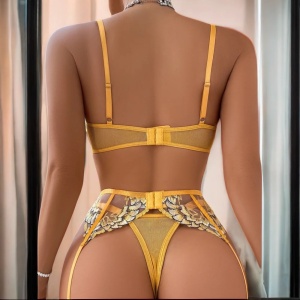 Set lenjerie intima sexy din dantela cu broderie alba, galben, 4 piese #BB4353 - Img 5
