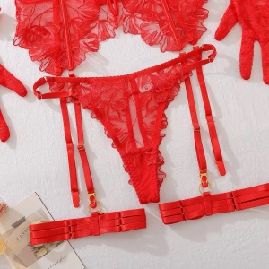 Set lenjerie intima sexy din dantela cu broderie, manusi scurte, rosu, 5 piese #BB4645 - Img 24